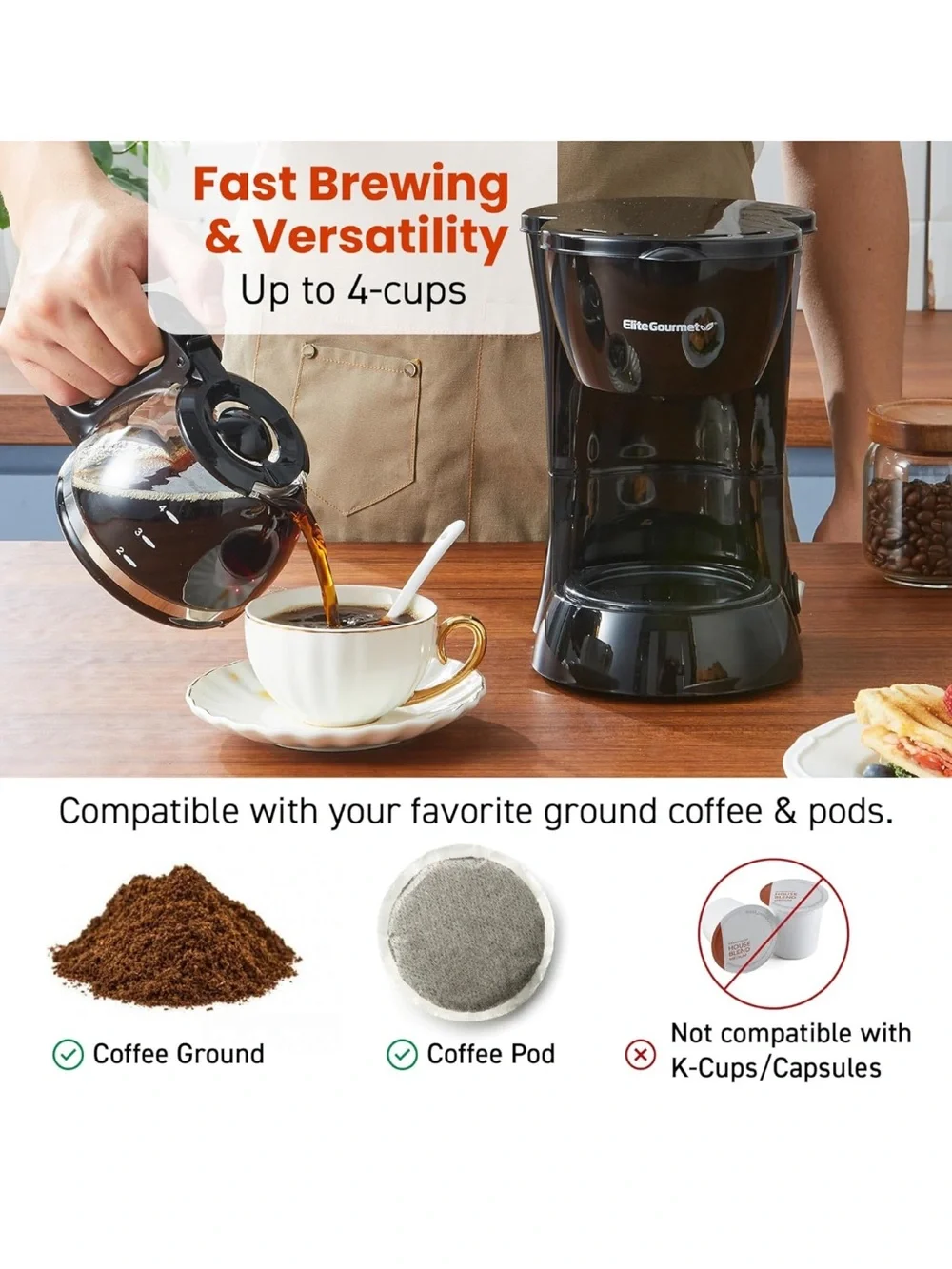 Elite Gourmet 4-Cup Compact Black Drip Coffee Maker with Glass Carafe